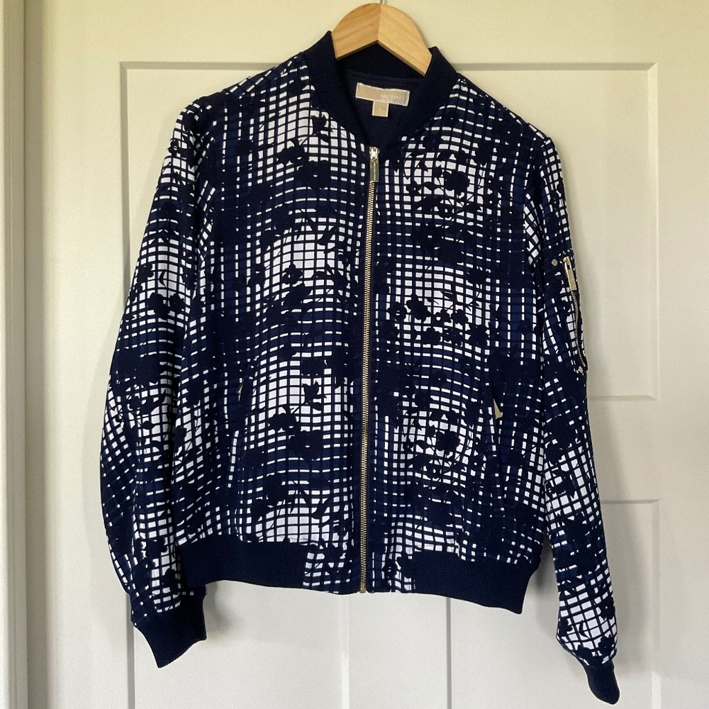 Michael Kors Blue and White Patterned Gold Zip Up Bomber Jacket